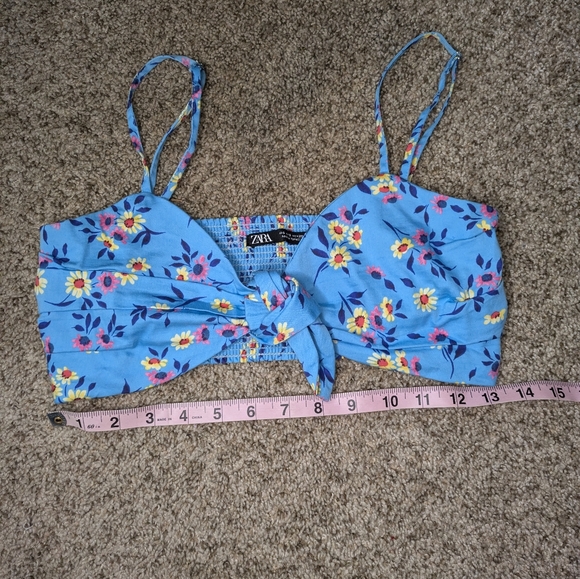 Zara Sky Blue Daisy Print Front Knot Crop Top Size Small Adjustable Strap - Picture 7 of 8